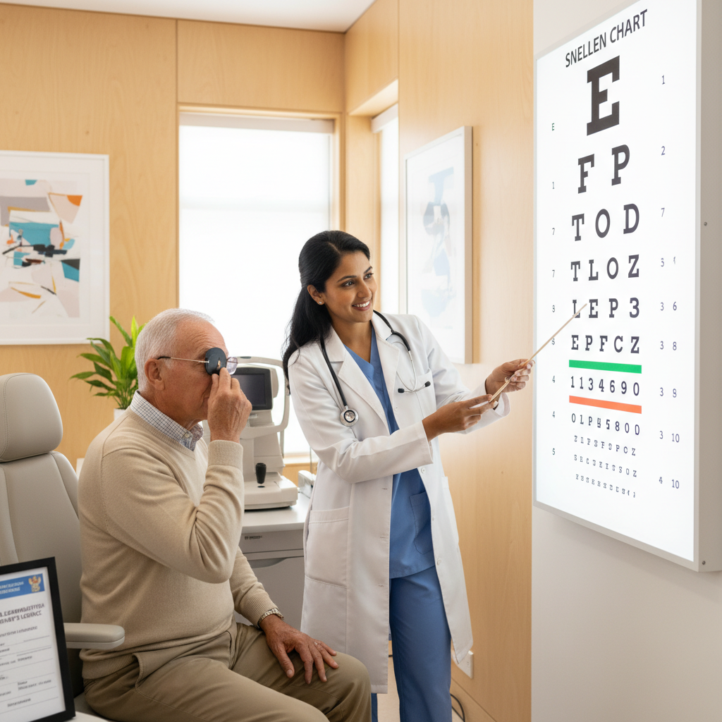 Friendly GP conducting a driver's licence medical examination with an older patient at a modern practice in Kuilsriver, Cape Town
