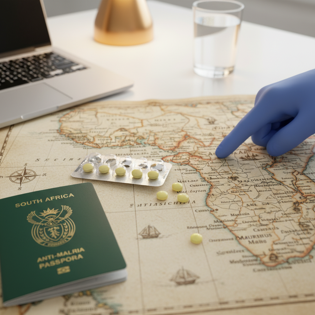 Blister pack of malaria tablets alongside a travel passport and mosquito repellent, representing malaria prevention for South African travellers