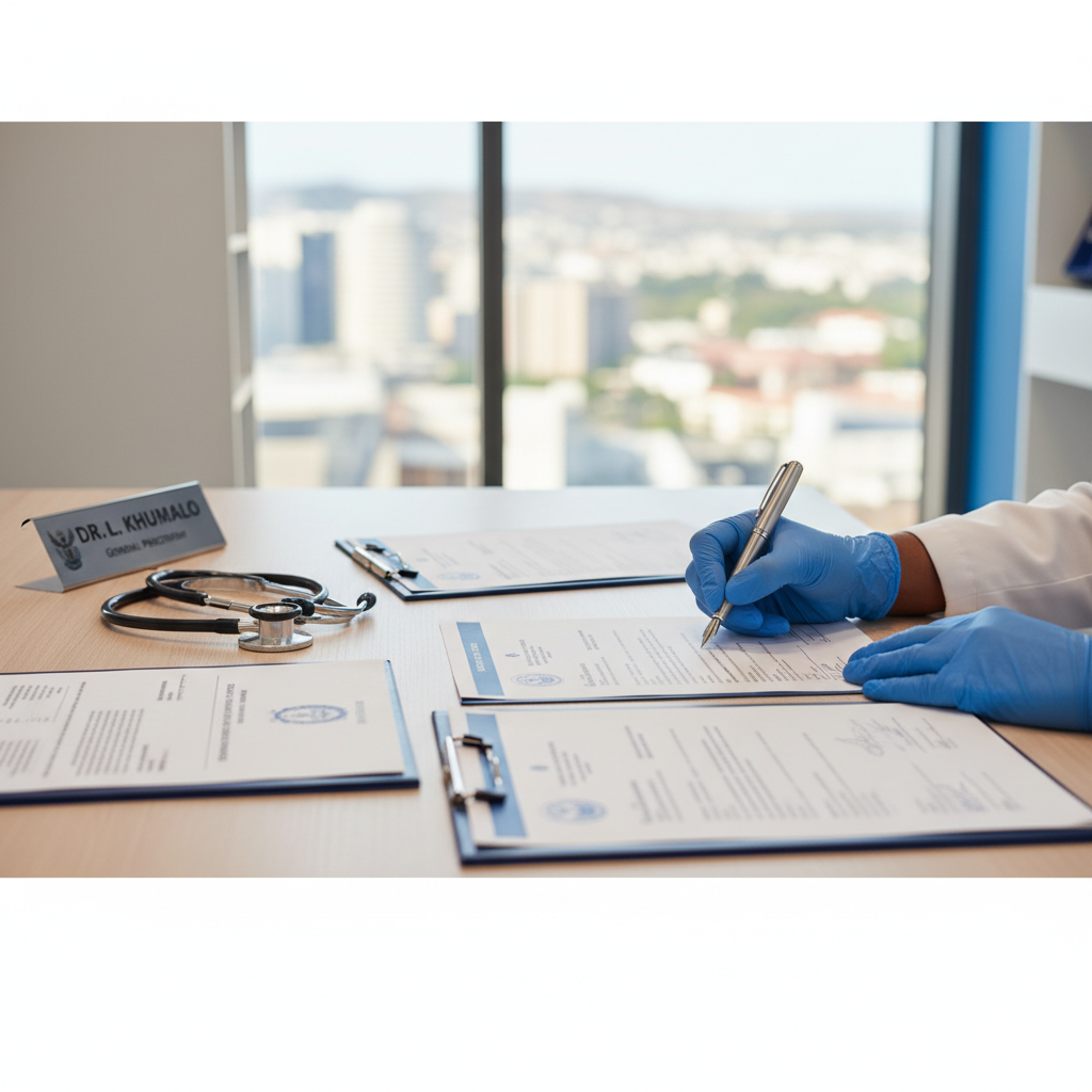 Doctor at Kuilsriver Doctors in Kuilsriver completing a medical certificate for a patient